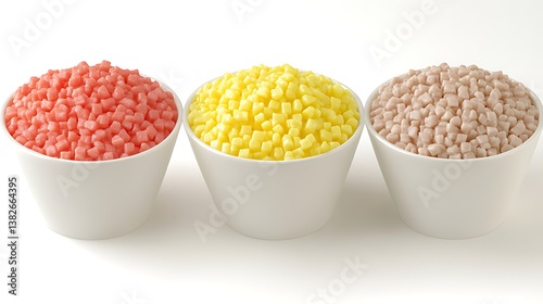 Three Bowls Filled With Colorful Small Cubed Food Items
