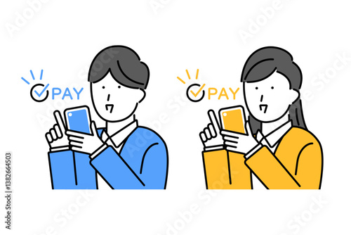 スマホで支払いを行う若い男性と女性のイラスト