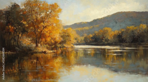 A slow-moving river reflecting the golden glow of autumn trees on a calm afternoon