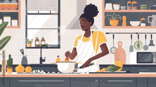 black woman african american kitchen food girl cooking preparing breakfast luch dinner happy