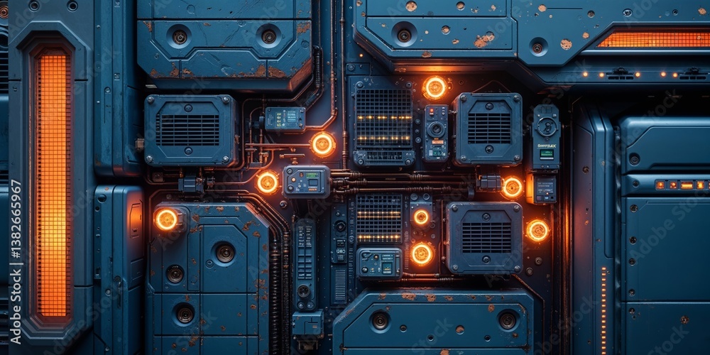 Detailed Sci-Fi Machine Panel with Orange Lights and Intricate Wiring System Detailed Sci-Fi Machine Panel with Orange Lights and Intricate Wiring System
