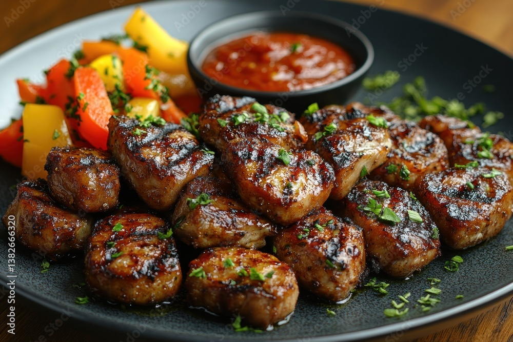 Grilled Pork Bites with Roasted Peppers and Spicy Sauce