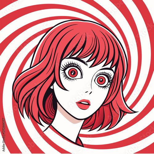 Create a vector illustration of a hypnotic anime woman with bold, dynamic strokes and vibrant color palettes.  Emphasis on strong lines and impactful design.