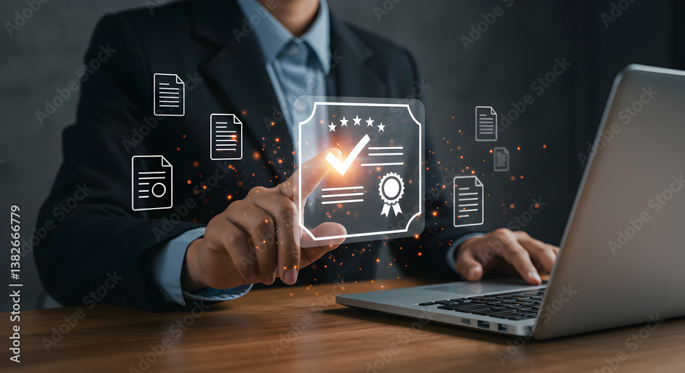 Man in suit using laptop with digital document icons and quality assurance certification overlayed image Man in suit using laptop with digital document icons and quality assurance certification overlayed image