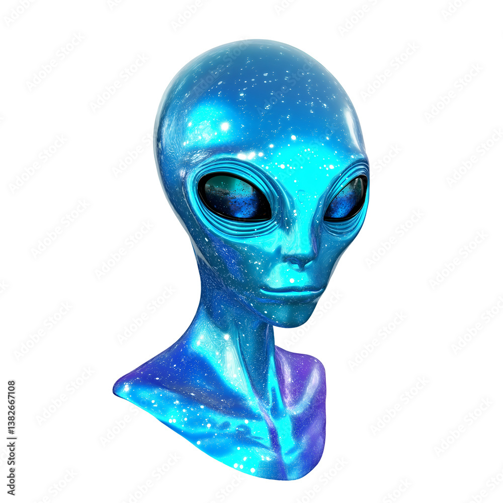 Alien Head with Galaxy Texture and Large Eyes Staring Forward, Space Exploration and Sci Fi Concepts Concept Alien Head with Galaxy Texture and Large Eyes Staring Forward, Space Exploration and Sci Fi Concepts Concept