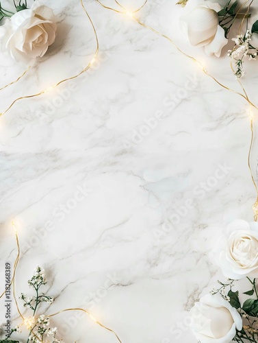 luxurious white marble background along the edge are white roses with woven into them glowing delicate golden garlands. Exquisite festive banner for congratulations.