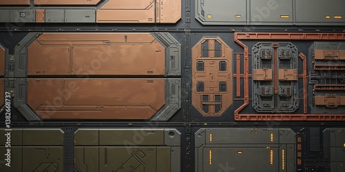 Fototapeta Naklejka Na Ścianę i Meble -  Intricate metal panel texture with futuristic industrial design elements and detail work