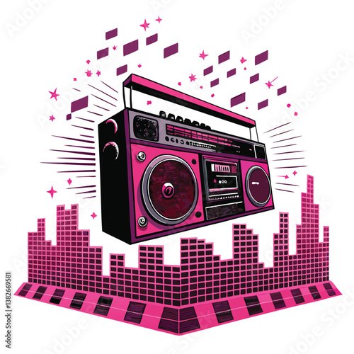 Design a bold, vector illustration of a levitating boombox, emphasizing dynamic lines and strong color contrasts.  Include vibrant, eye-catching effects.