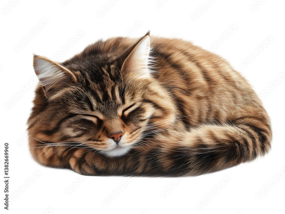 Fototapeta premium Fluffy tabby cat curled up resting position isolated on a white background Transparent PNG 