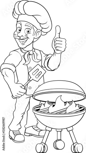 A chef cartoon barbecue cook out brazier cook man giving thumbs up and holding a BBQ spatula mascot character illustration