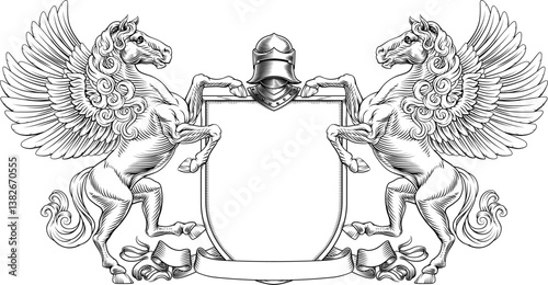 A heraldry crest Pegasus winged horse family coat of arms heraldic shield emblem design in an old medieval vintage style