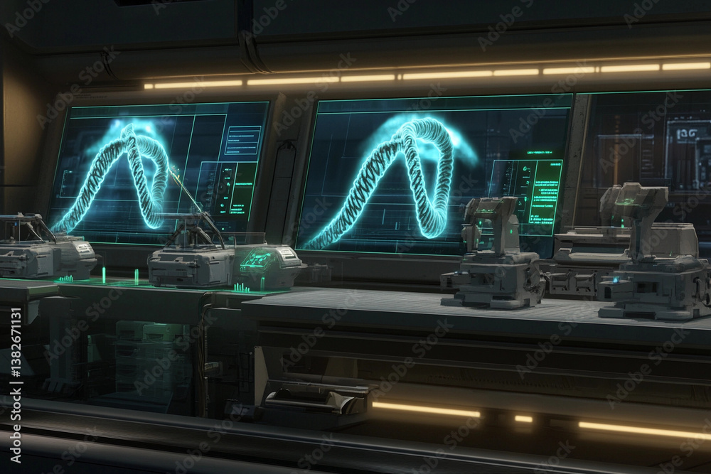 Obraz premium Futuristic gene-editing laboratory featuring advanced holograms and cutting-edge technology for genetic research