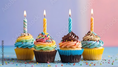 Four vibrant rainbow cupcakes celebrate a joyful birthday with lit candles against a pastel backdrop.