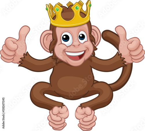 A monkey king cute happy cartoon character animal wearing a crown giving two thumbs up