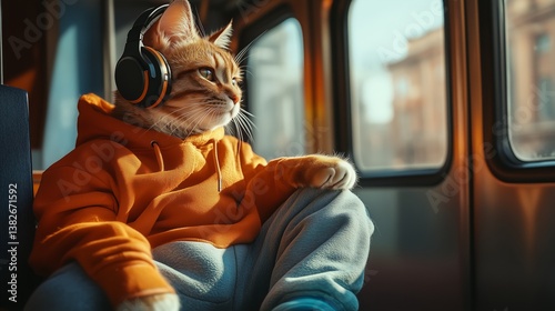 Ginger tabby cat with an orange hoodie and wireless headphones looking in train window. Animal dressed as human listening music for social media content marketing.