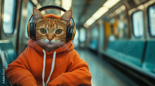 Ginger cat in orange hoodie listening to music on headphones on the subway train. Cool domestic animal enjoying tunes in public transport for banner or advertisement
