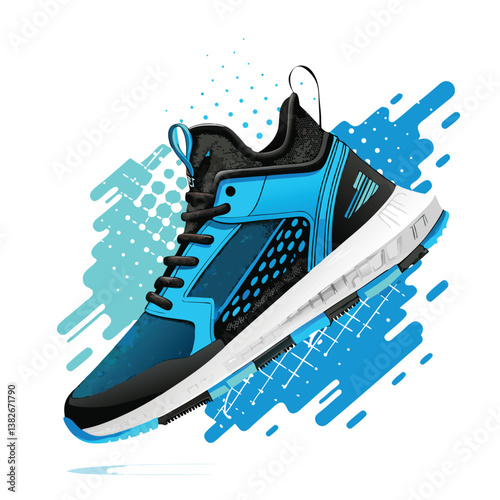 Create a vector illustration of a levitating sneaker with bold, dynamic strokes.  The style should be modern and impactful.