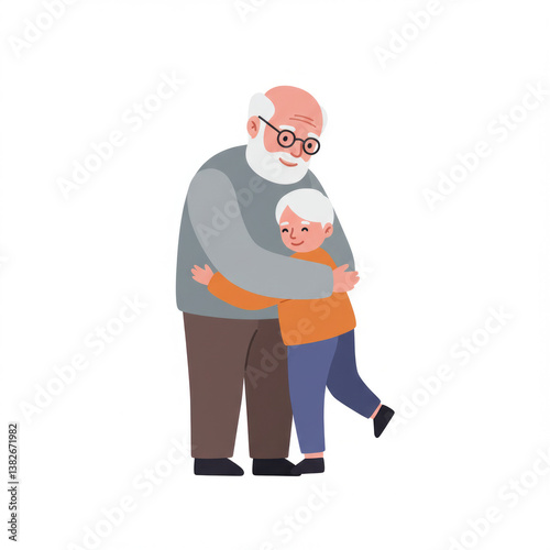 Grandfather gently embracing granddaughter, standing together heartwarming moment, family closeness and support, togetherness and love for birthday greeting card