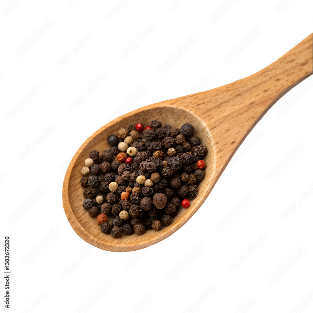 Black peppercorns in wooden spoon isolated on transparent background Black peppercorns in wooden spoon isolated on transparent background