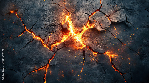 Ground cracks with hot molten magma. Lava and fire in breaks on land surface, fissures in ground from volcano or earthquake isolated on transparent background, vector realistic set