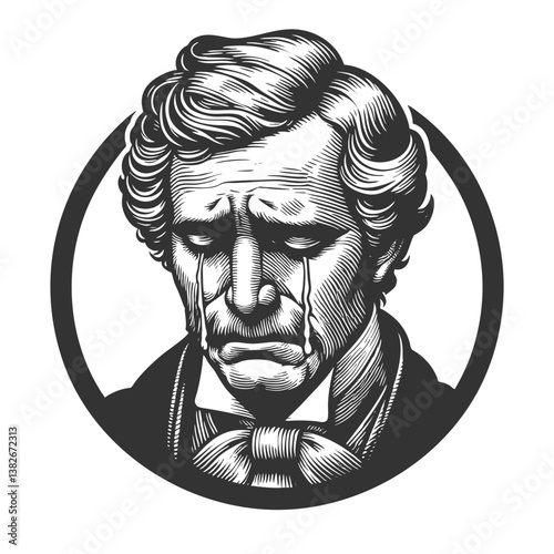 man in a suit, crying with an intense and emotional facial expression, symbolizing sadness and vulnerability sketch engraving generative ai vector illustration. Scratch board. Black and white image.