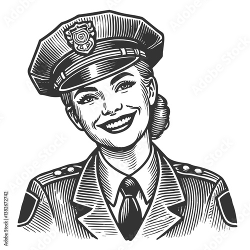 cheerful female police officer in a classic uniform, featuring curled hair and a confident pose, retro law enforcement aesthetics sketch engraving generative ai vector. Scratch board. Black and white.
