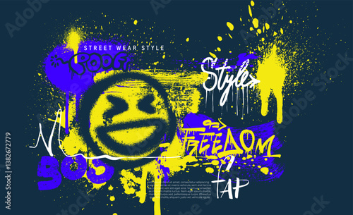 Template graffiti colored slogan print with spray, t shirt graphics print vector design. Modern grunge background. Urban street typography hipster street art for T-shirt, hoodie, poster.