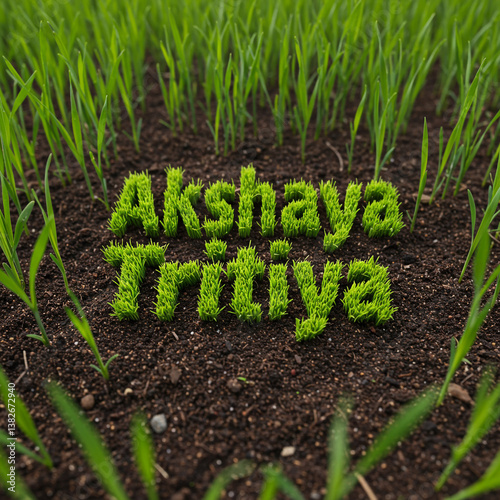 Obraz na płótnie Akshaya Tritiya Text Formed from Young Grass on Soil Bed
w salonie
