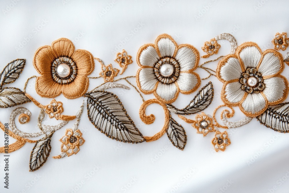 Elegant embroidered floral design on white fabric with gold and silver threads, embellished with pearls. Elegant embroidered floral design on white fabric with gold and silver threads, embellished with pearls.