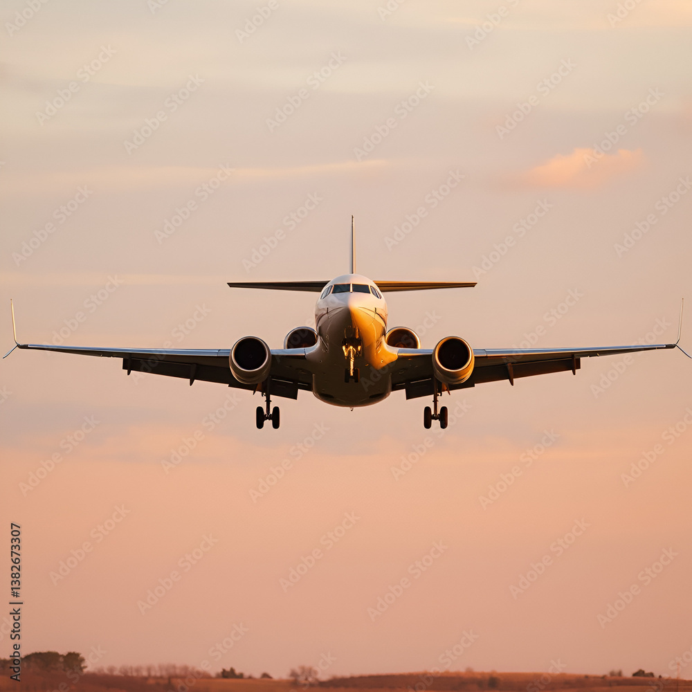 A twin-engine jet airplane approaches landing, flying low over a rural landscape during sunset hours