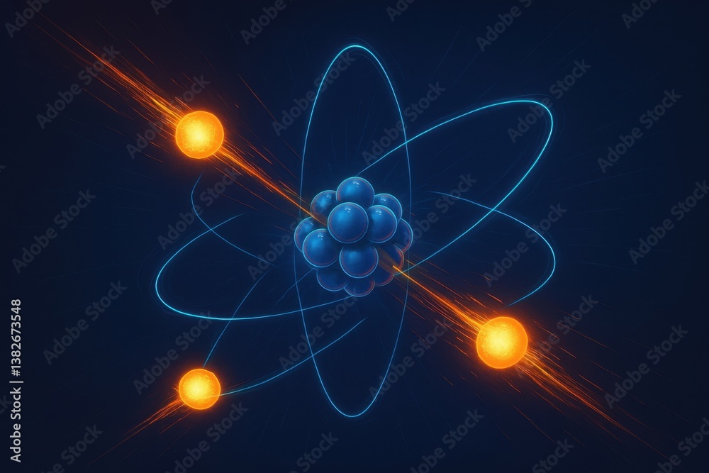 Explosive atomic reactions and particles in futuristic scientific style