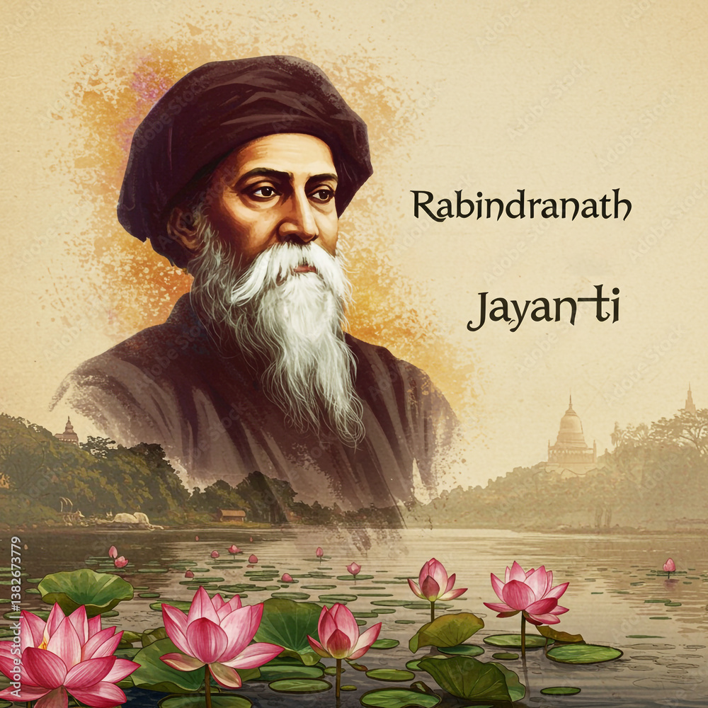 Artistic Illustration of Rabindranath Tagore for Jayanti Celebration