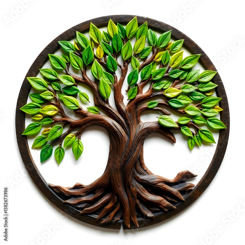A digital illustration of a tree of life symbol, a root within a circle, rendered in layered paper cut style with sculpted textures art illustration design
