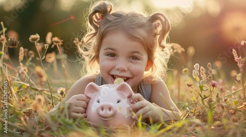 child saving money girl bank finance investment coin happy save wealth young piggy cash kid little economy financial childhood banking pig piggybank home family cute future currency