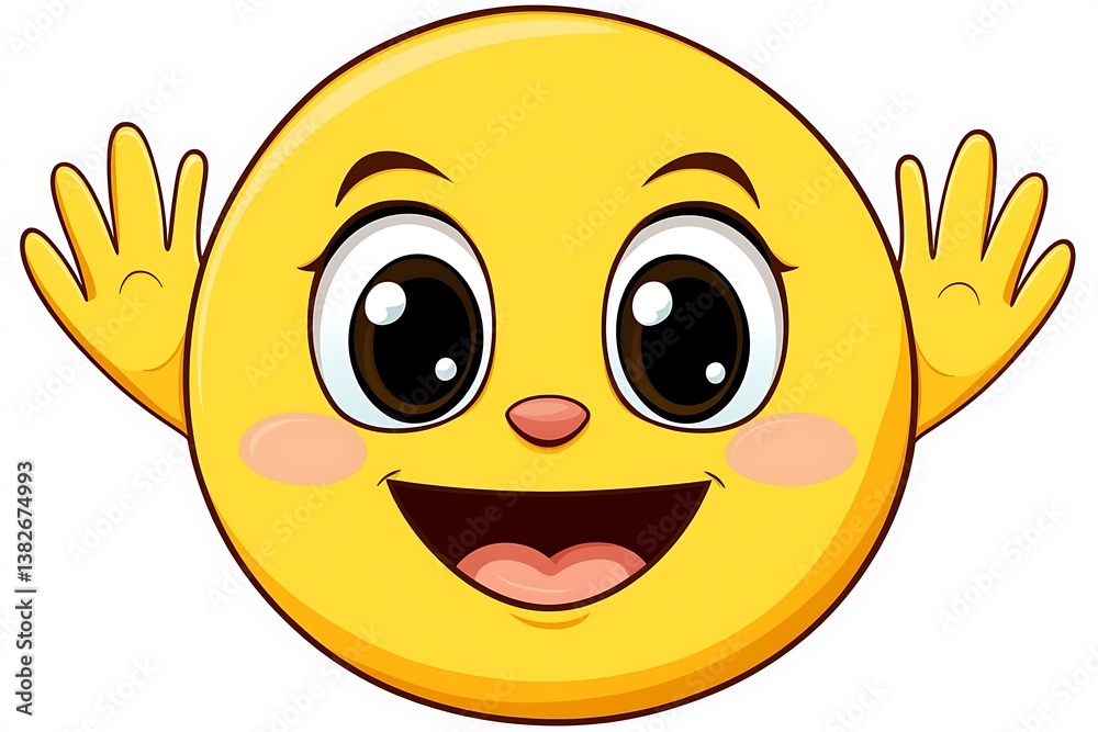 A cheerful yellow circle with large eyes and hands waving A cheerful yellow circle with large eyes and hands waving
