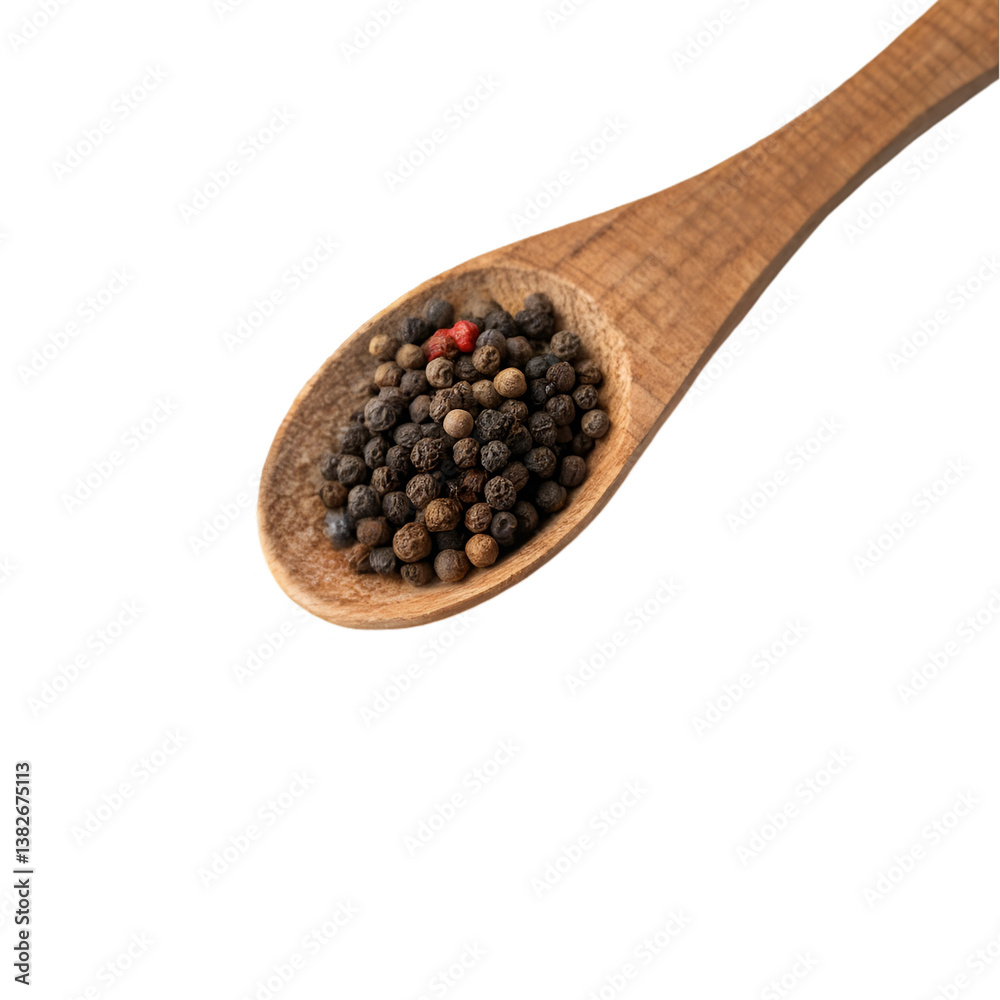 Black peppercorns in wooden spoon isolated on transparent background Black peppercorns in wooden spoon isolated on transparent background