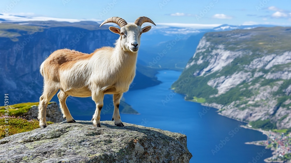 Obraz premium Majestic Goat on a Norwegian Fjord Clifftop