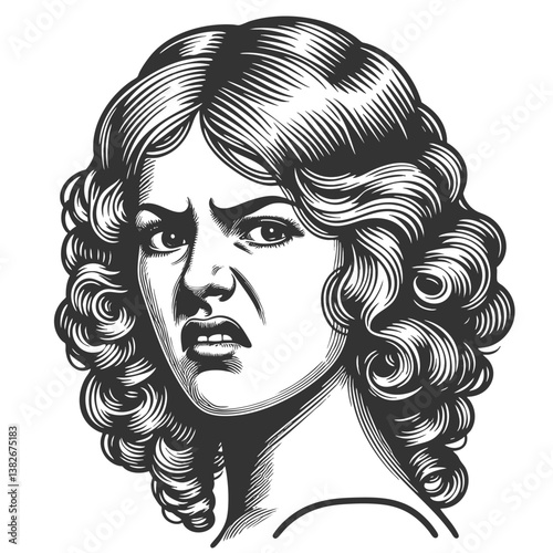 woman with an intense, skeptical look with disgust and disdain, dressed in mid-century fashion sketch engraving generative ai fictional character vector illustration. Scratch board. Black and white.