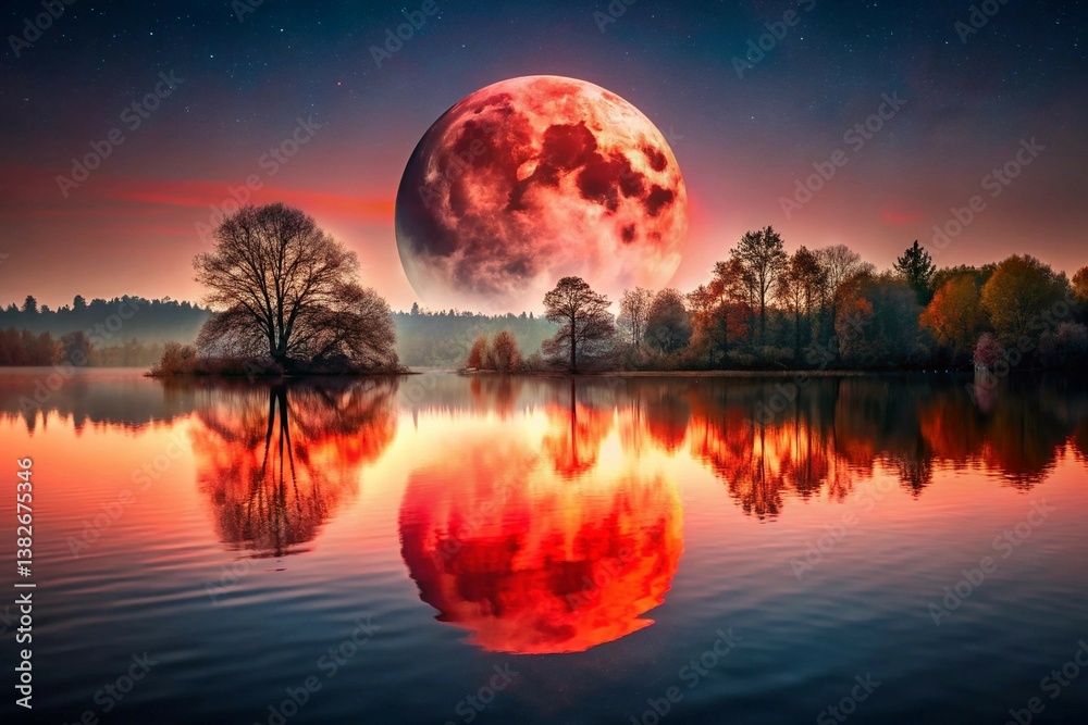 Lake landscape with a red moon wallpaper Lake landscape with a red moon wallpaper