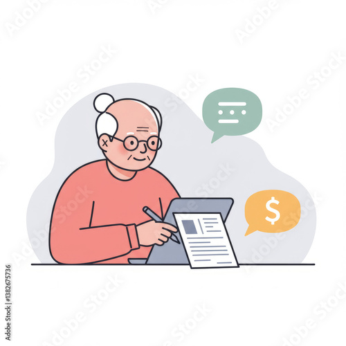Senior man using laptop, looking at financial data, money earning online, freelancer work, retirement savings plan, e-commerce opportunities, digital wallet and investment solution