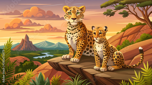 close up Majestic duo: a leopard and her cub perch atop a rocky outcrop, surveying their savanna domain. Wild beauty and maternal bond captured