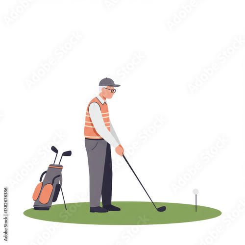 Old man playing golf on the green near the hole with a flag. Sports competition concept illustration for golfing event, retirement activity, or active seniors lifestyle.
