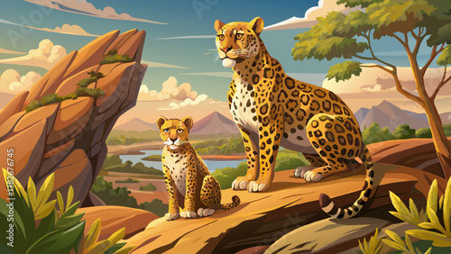 close up Majestic duo: a leopard and her cub perch atop a rocky outcrop, surveying their savanna domain. Wild beauty and maternal bond captured