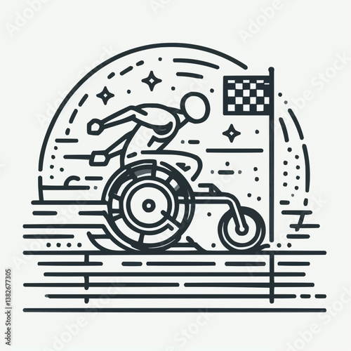 Disabled athlete racing in a wheelchair with determination at the finish line
