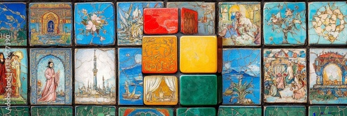 Colorful tiles with various designs and a central stack of