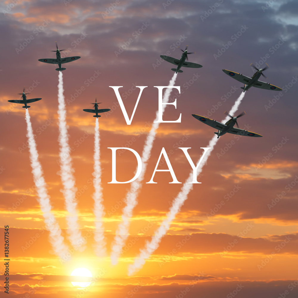 WWII Airplanes Flying at Sunset for VE Day Commemoration