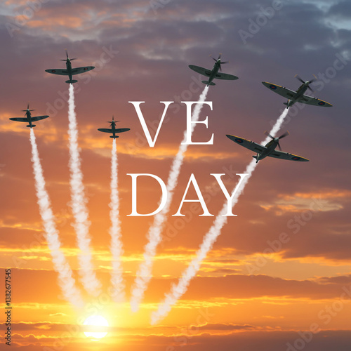 Obraz na płótnie WWII Airplanes Flying at Sunset for VE Day Commemoration w salonie