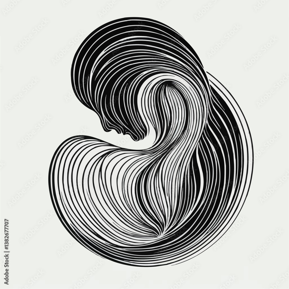Abstract line art depicting a serene face with flowing hair in black and white