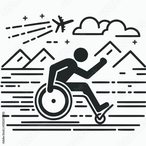 Disabled athlete racing in a wheelchair with a mountainous backdrop and flying plane
