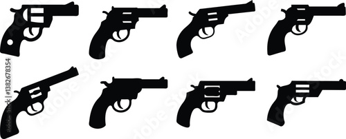 Silhouette, handguns, revolvers, pistols, black and white, icon set, weapon collection, firearm illustrations, gun outlines, minimalist design, vector graphics, side view, gunsmith catalog
